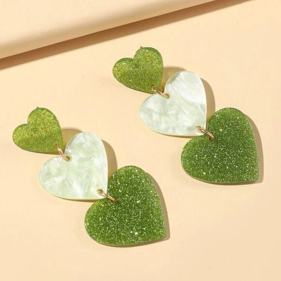 St. Patrick's Day Triple Heart 2" Drop Earrings - Picture 4 of 4